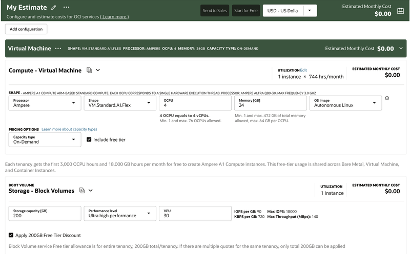 OCI Cost Estimator: 4 OCPU / 24 GB Ampere plus a 200 GB boot volume, $0.00 per month