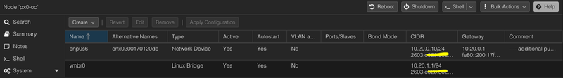 Proxmox network view showing enp0s6 and vmbr0