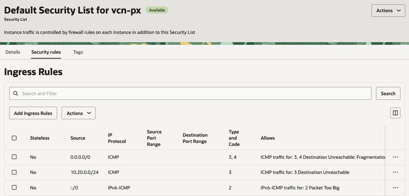 Default security list with the port 22 ingress rule removed