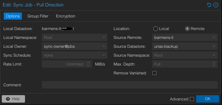 Config of sync job